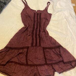 FREE PEOPLE Women's Sleeveless Burgundy Lace-Trim Summer Dress
